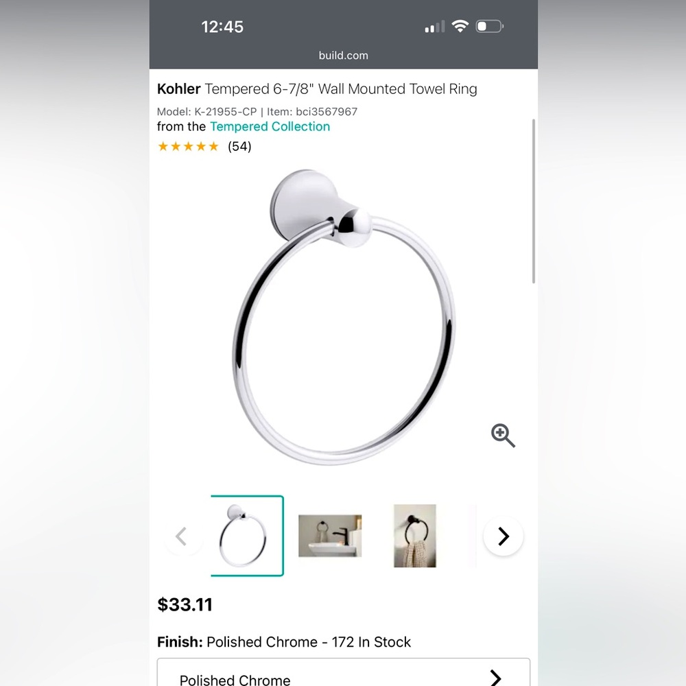 Kohler Chrome Wall Mounted Towel Ring New in box